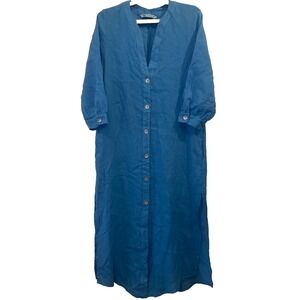 Zara Linen‎ Tunic over sized v-neckline button up blue women's shirt Dress XS